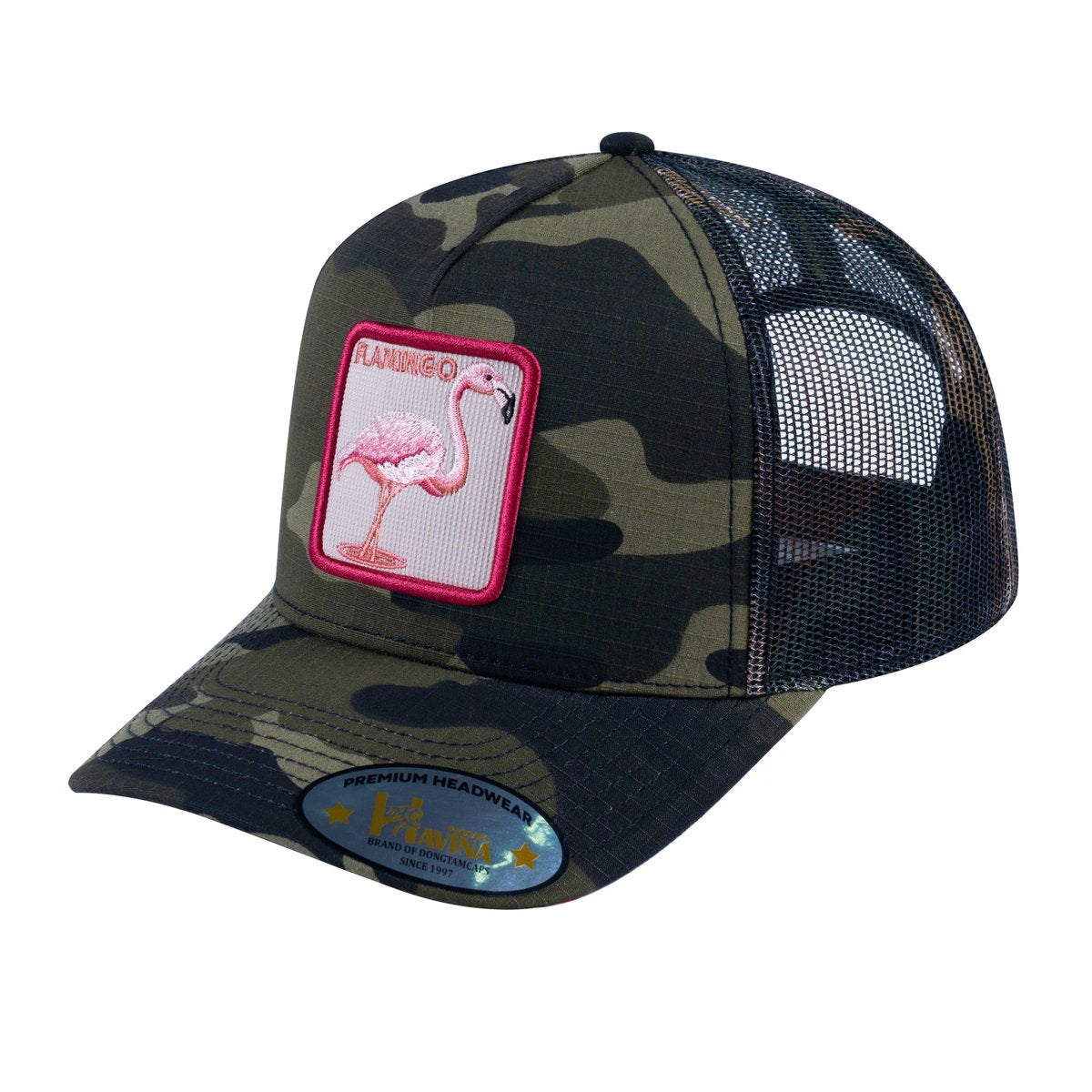 Flamingo V2 5-Panel Trucker Hat with Green Camo front and Green Camo back