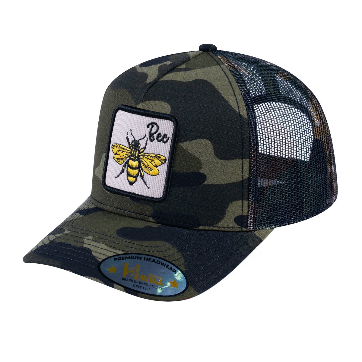 Bee V2 5-Panel Trucker Hat with Green Camo front and Green Camo back