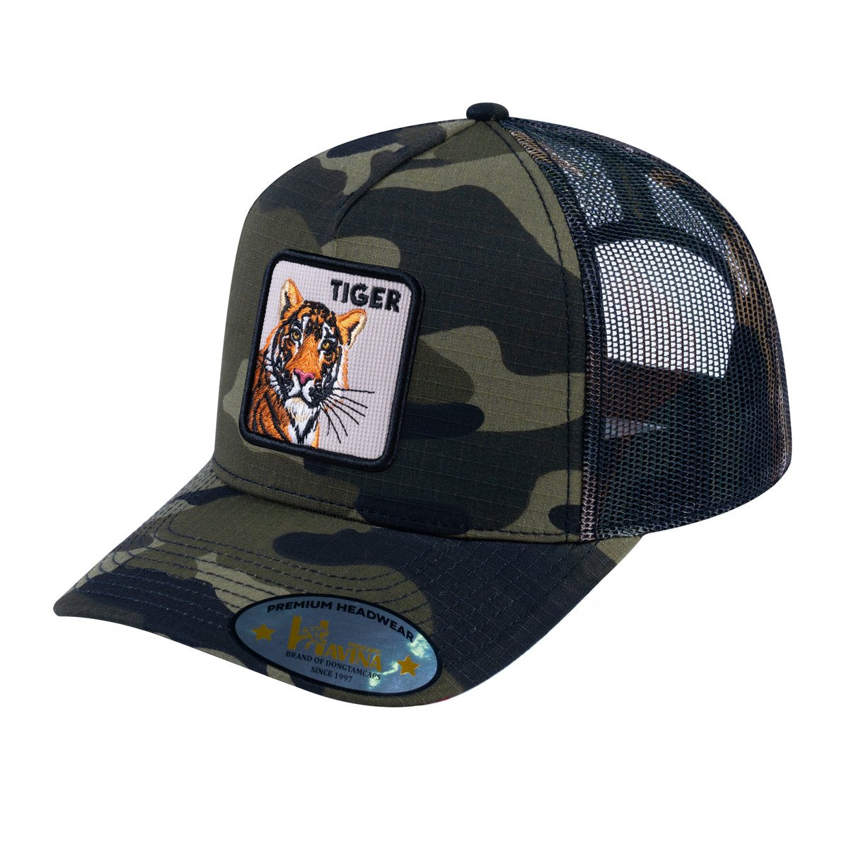 Tiger V2 5-Panel Trucker Hat with Green Camo front and Green Camo back