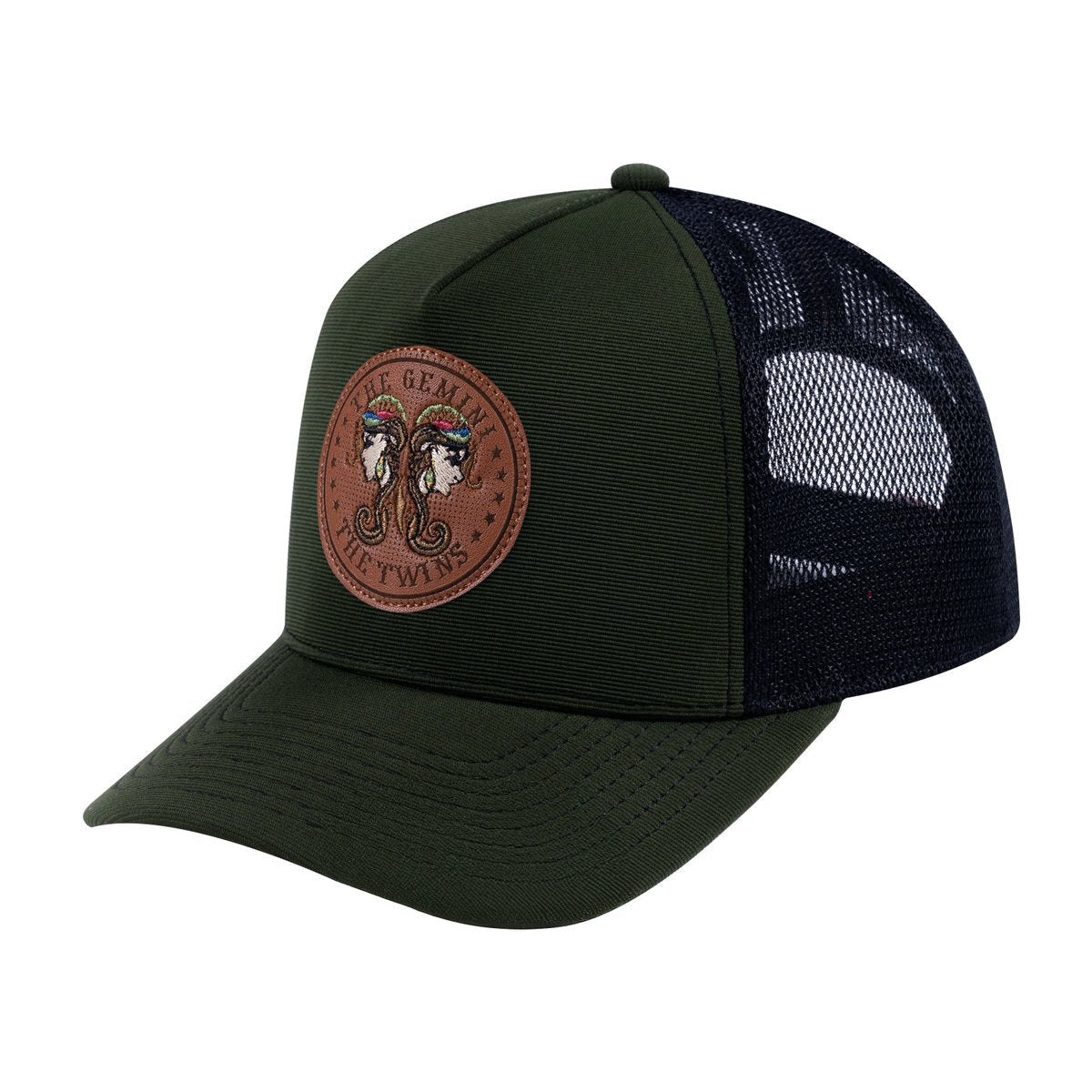 Unisex V2 Embroidered And Laser-Engraved Gemini Zodiac (May 21, June 20), 5-Panel Trucker Hat, Green Camo/Green Camo, Adjustable Fit