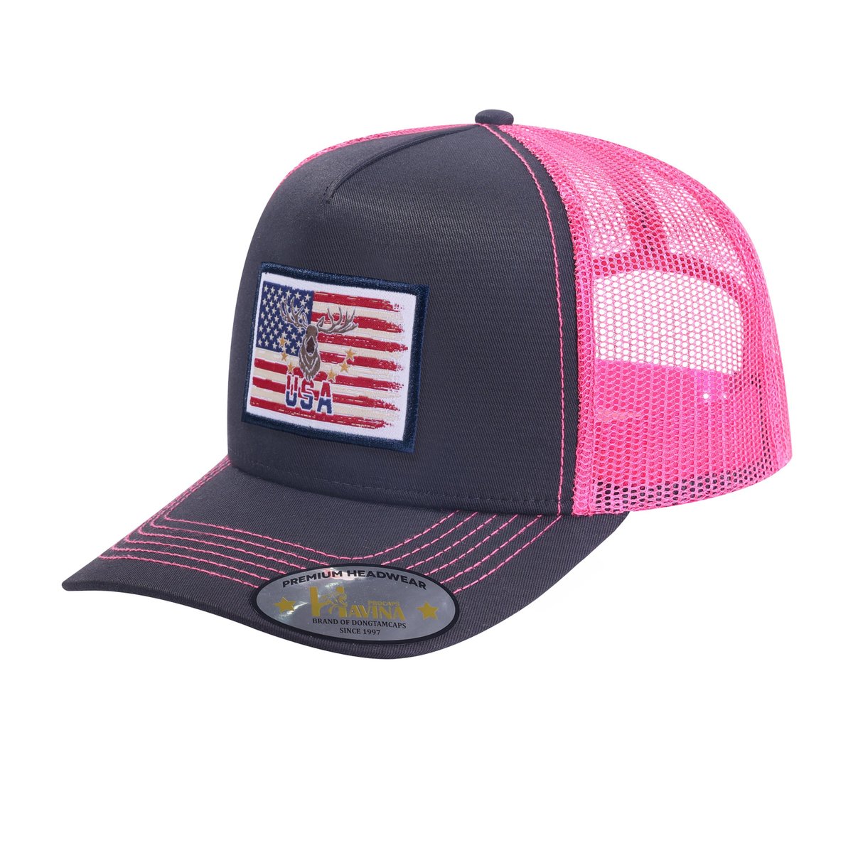USA Deer Hunter 5-Panel Trucker Hat with Black front and Pink back
