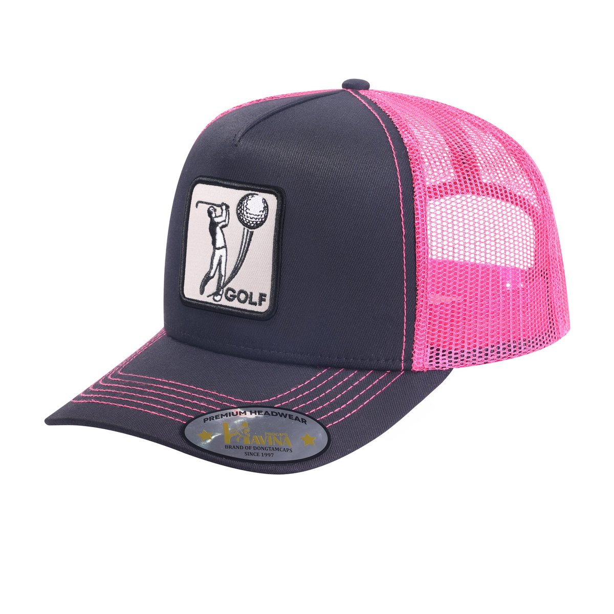 Golf 5-Panel Trucker Hat with Black front and Pink back
