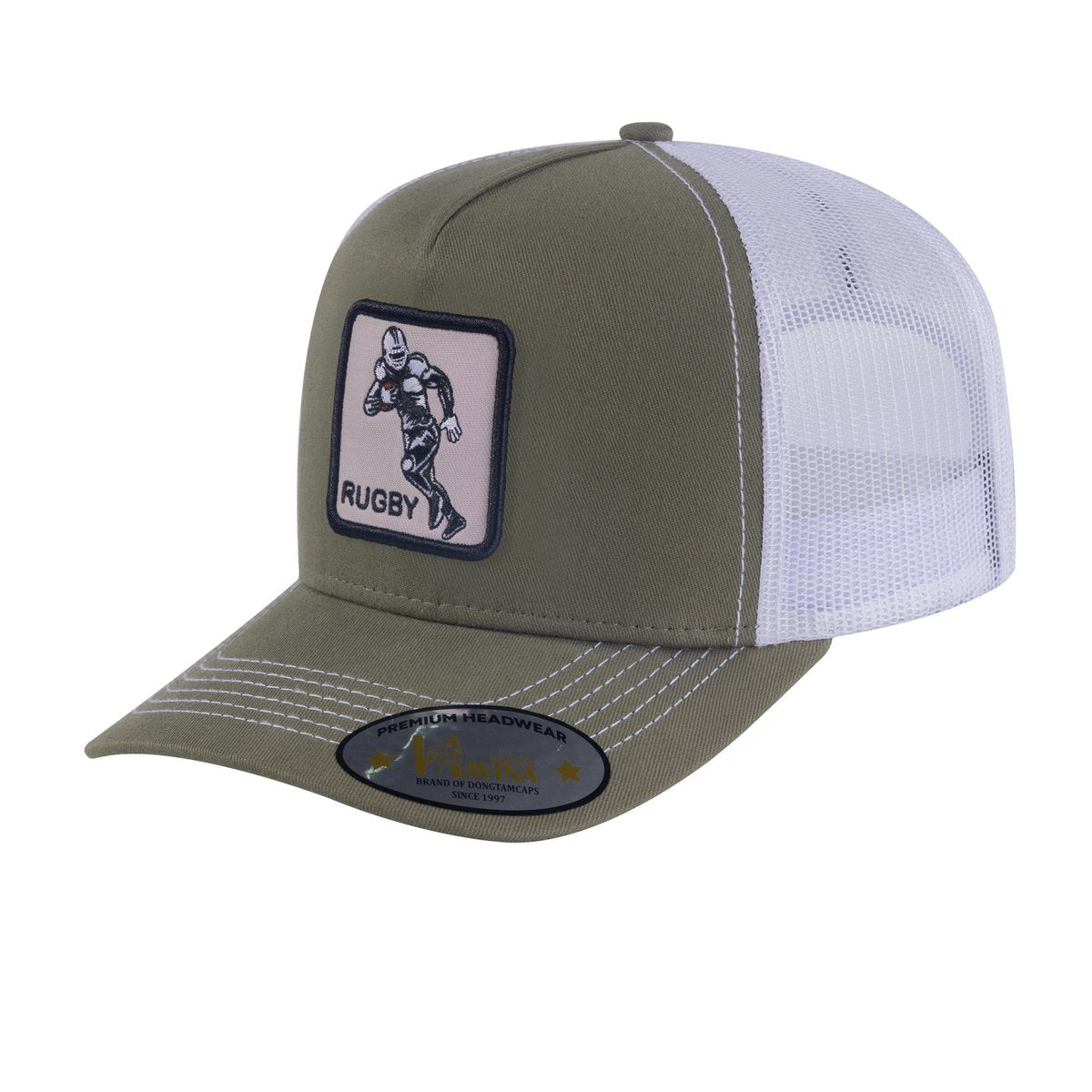 Rugby 5-Panel Trucker Hat with Olive front and White back