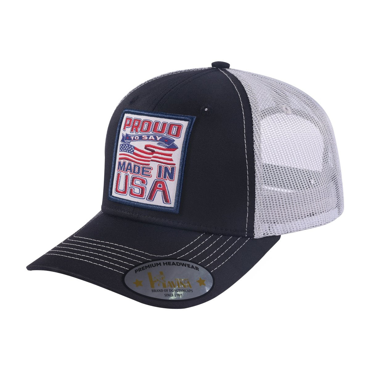 Proud to Say Made in USA 6-Panel Trucker Hat with Black front and Light Grey back