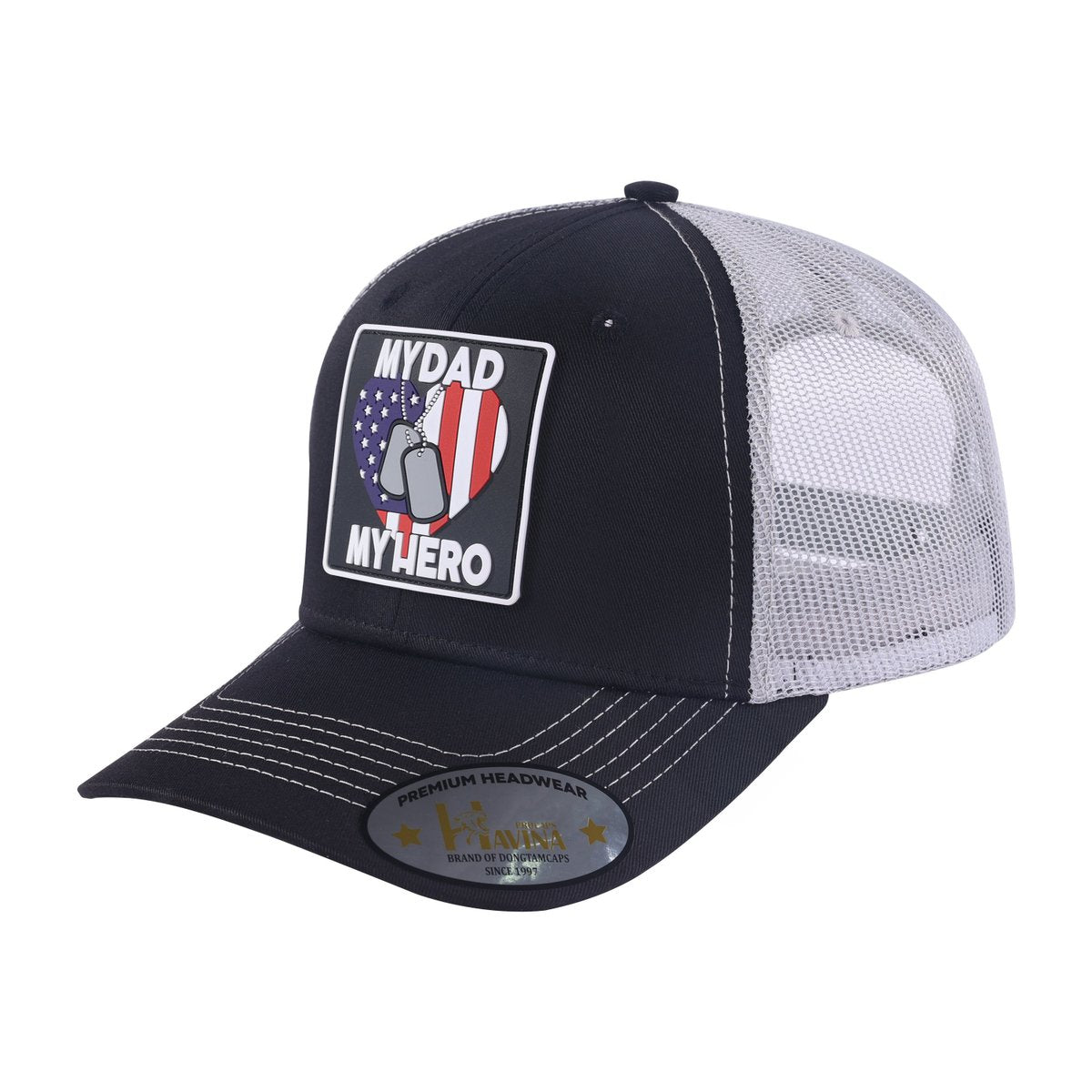 My Dad My Hero 6-Panel Trucker Hat with Black front and Light Grey back
