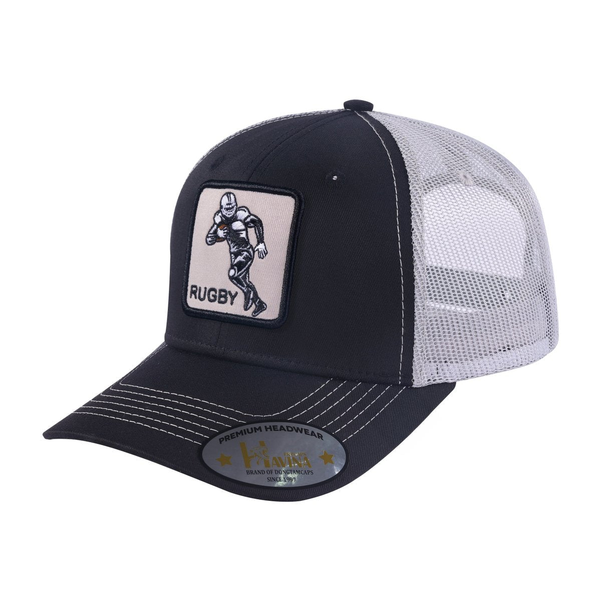 Rugby 6-Panel Trucker Hat with Black front and Light Grey back