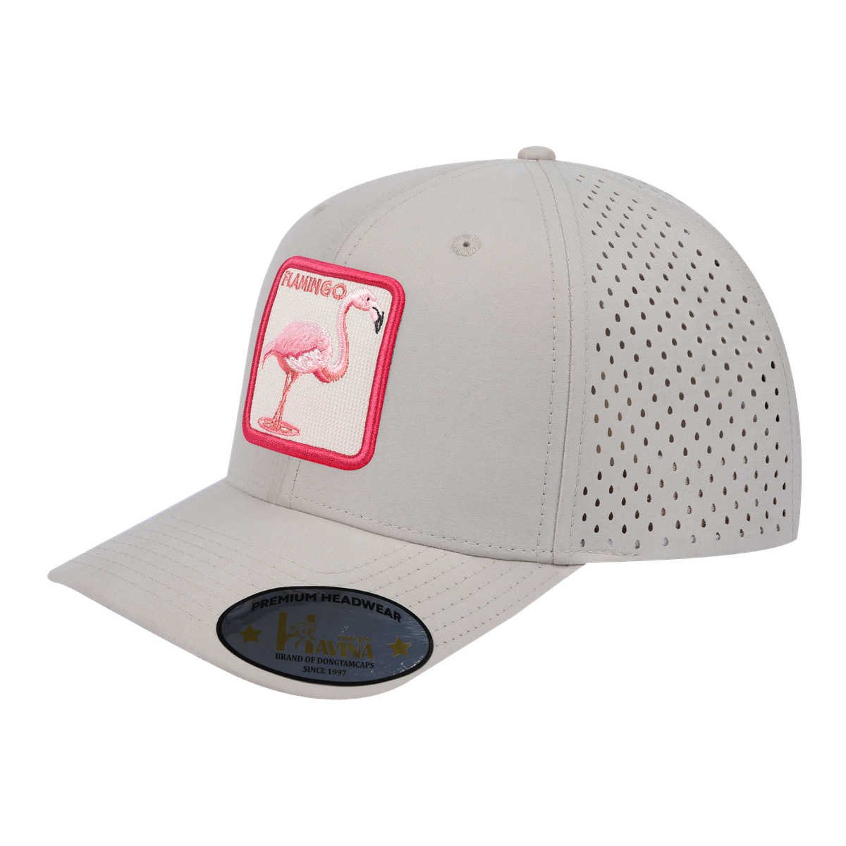 Flamingo 6-Panel Microfiber Laser Hole Trucker Hat with Beige front and Beige back