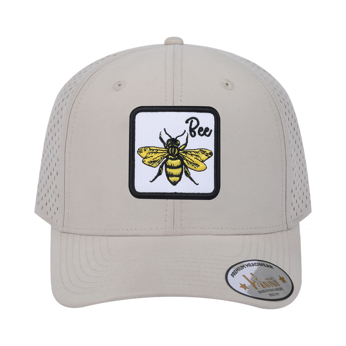Bee 6-Panel Microfiber Laser Hole Trucker Hat with Beige front and Beige back