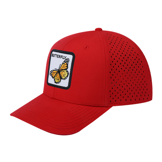 Butterfly 6-Panel Microfiber Laser Hole Trucker Hat with Red front and Red back