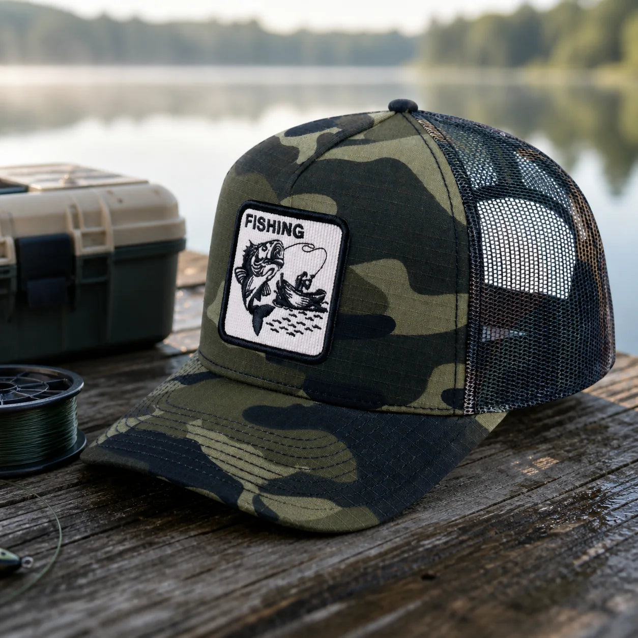 Man wearing the HAVINA WHOLESALE Fishing green camouflage trucker hat by a lake