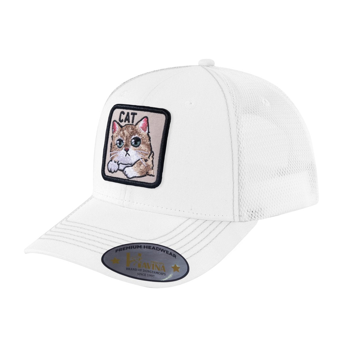 Cat 6-Panel Trucker Hat with White front and White back