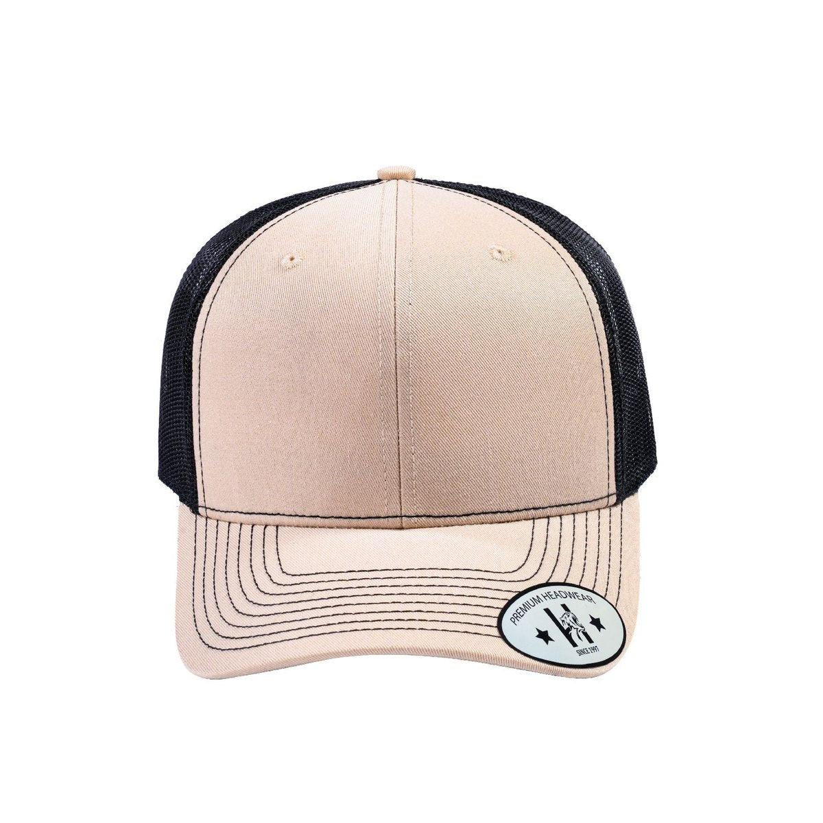 Blank 6-Panel Trucker Hat with Beige front and Black back