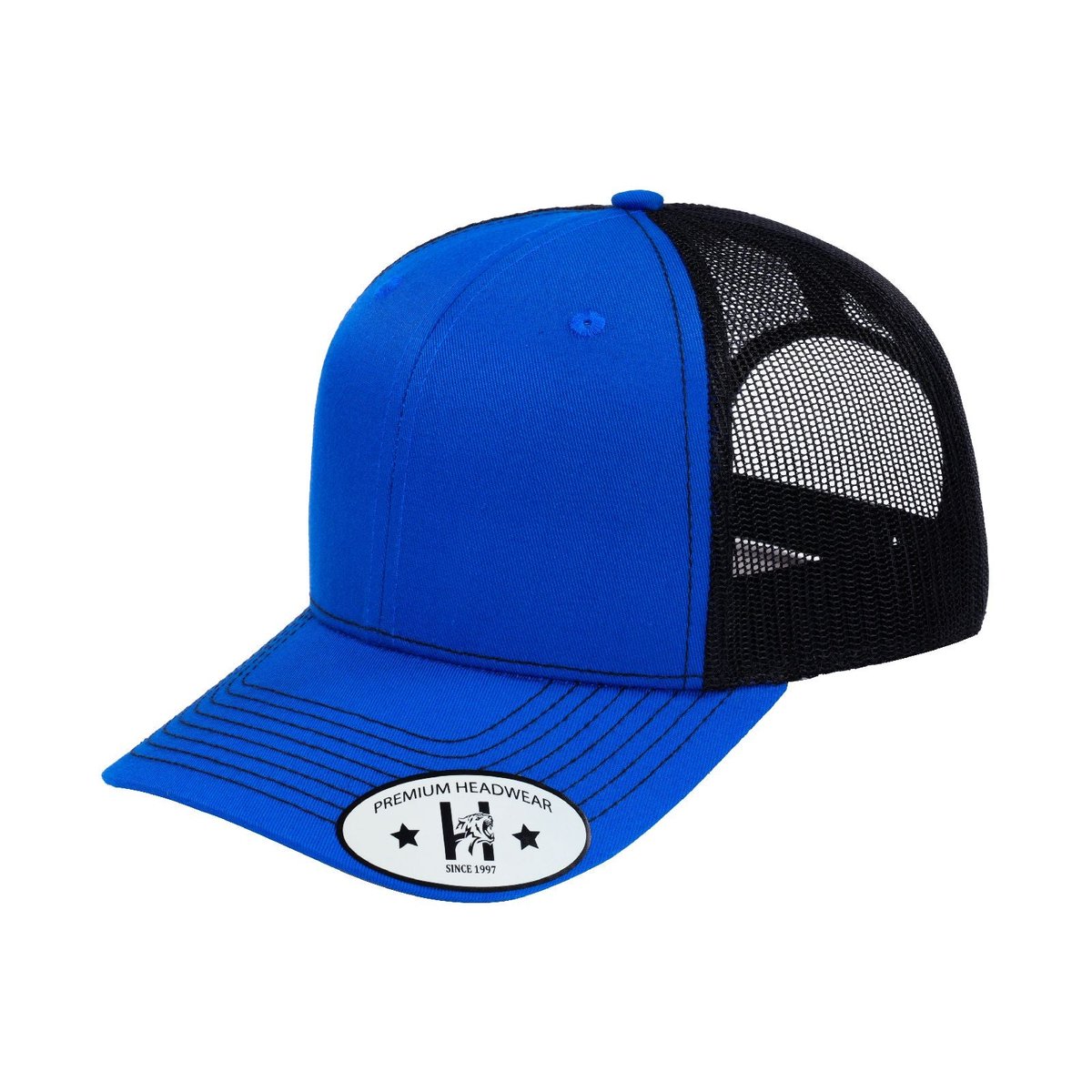 Blank 6-Panel Trucker Hat with Royal Blue front and Black back