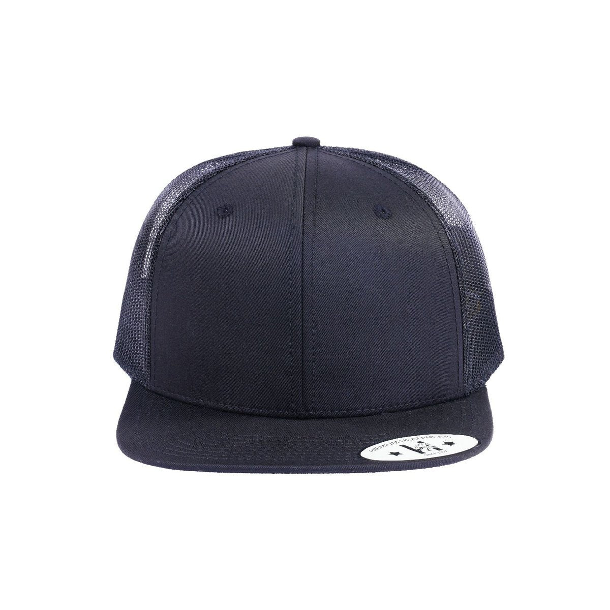 Blank 6-Panel Snapback Flat Bill Trucker Hat with Black front and Black back