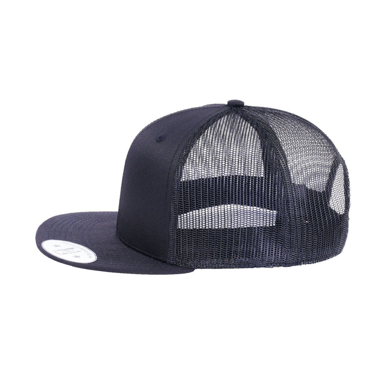 Blank 6-Panel Snapback Flat Bill Trucker Hat with Black front and Black back