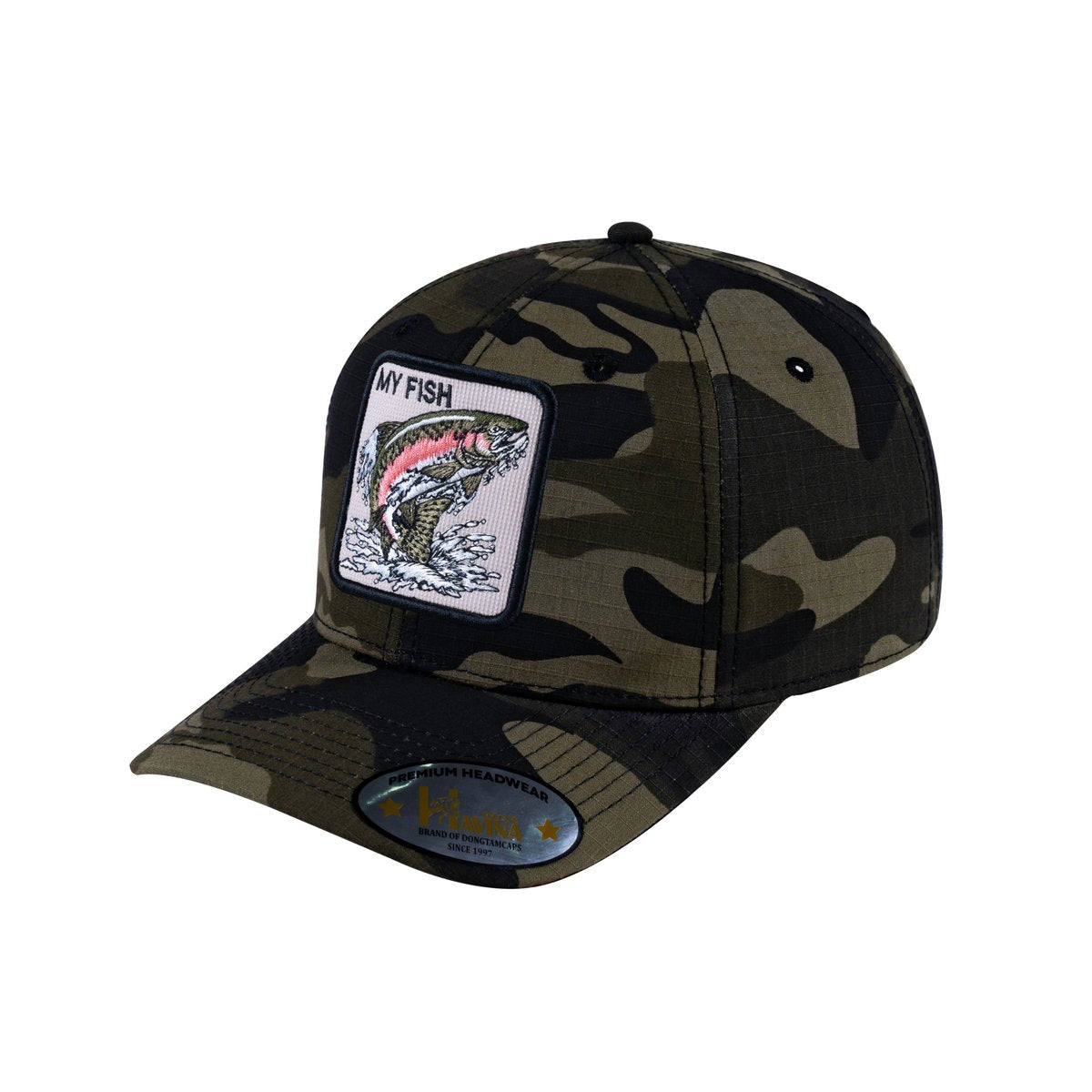 Salmon V2 6-Panel Baseball Cap with Green Camo front and Green Camo back