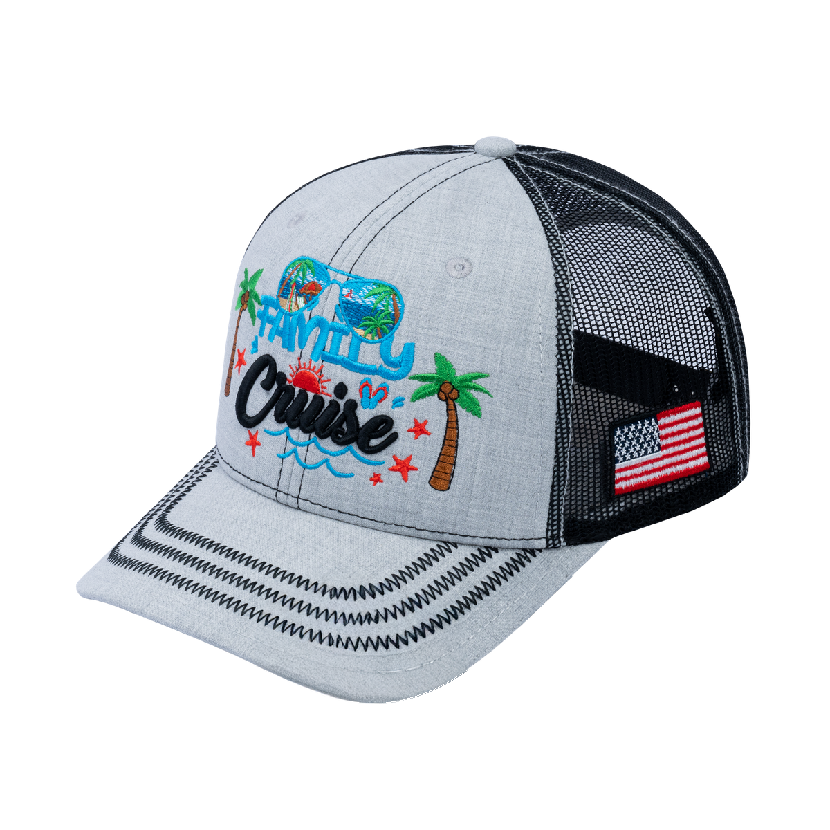 Family Cruise, Traveling 6-Panel Trucker Hat with Light Grey front and Black back