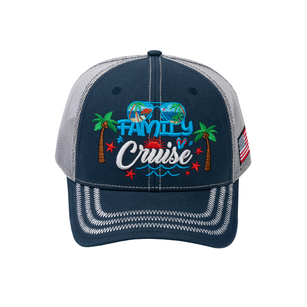 Family Cruise, Traveling 6-Panel Trucker Hat with Navy front and Beige back