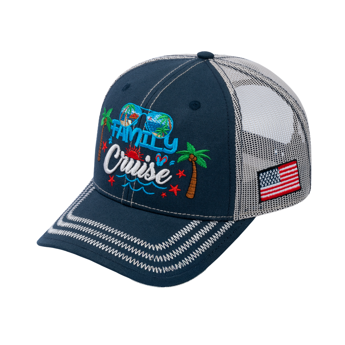 Family Cruise, Traveling 6-Panel Trucker Hat with Navy front and Beige back
