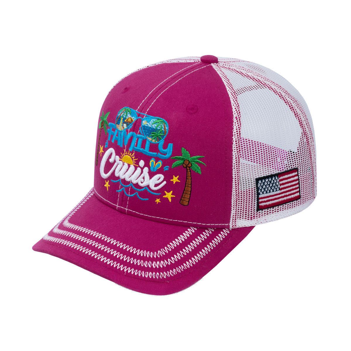Family Cruise, Traveling 6-Panel Trucker Hat with Pink front and White back