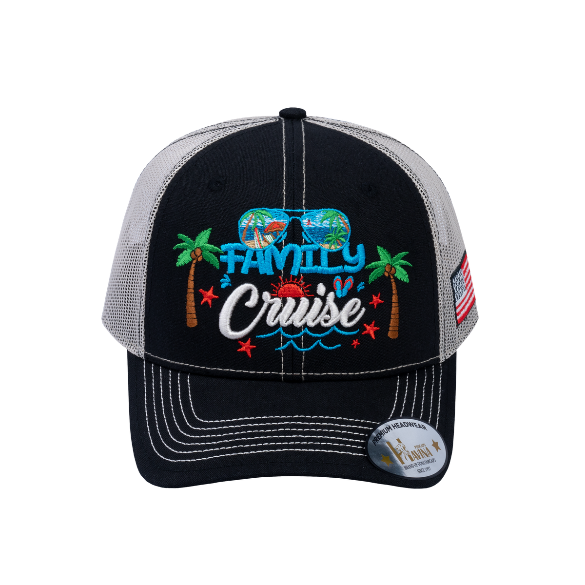 Family Cruise, Traveling 6-Panel Trucker Hat with Black front and Beige back