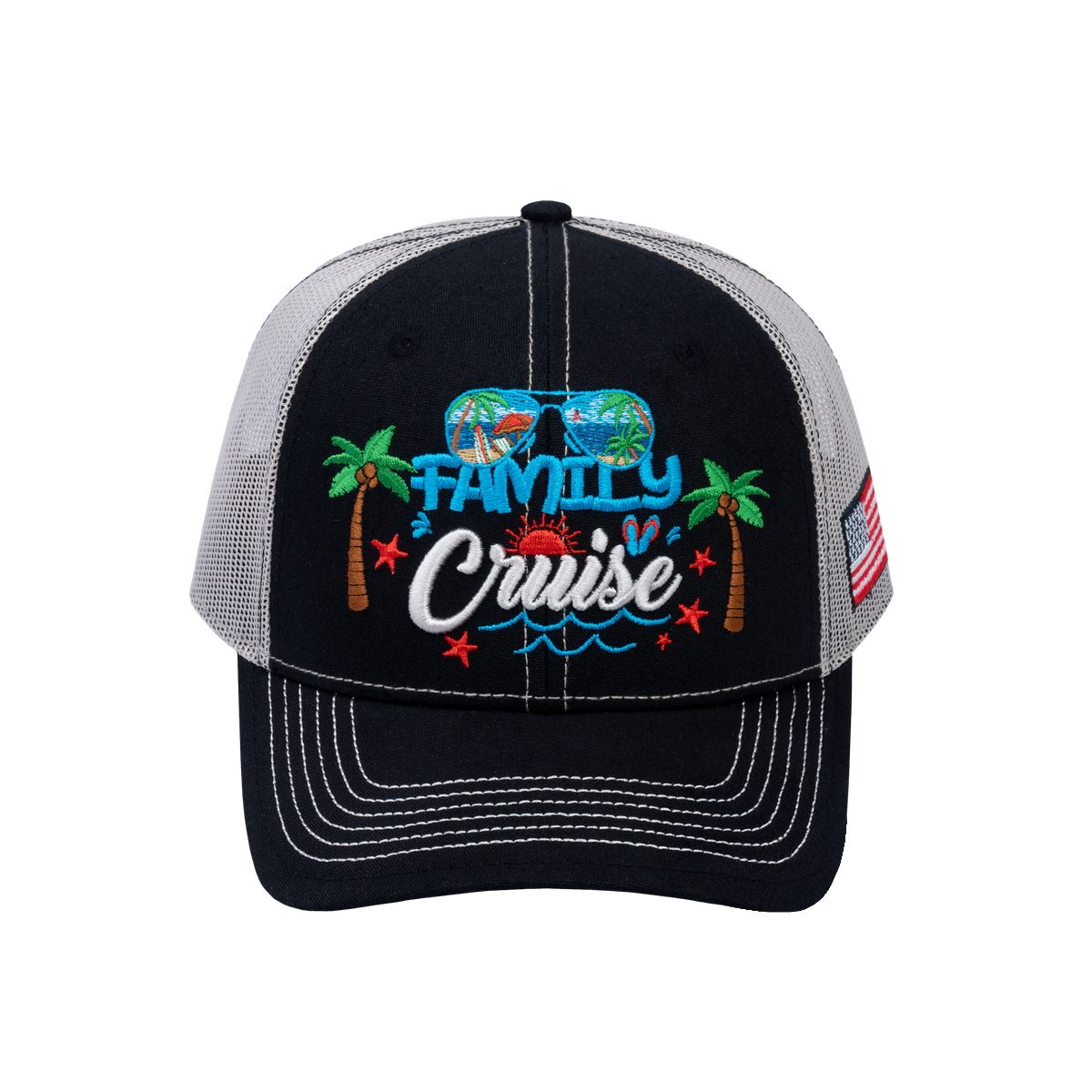 Family Cruise, Traveling 6-Panel Trucker Hat with Black front and Beige back
