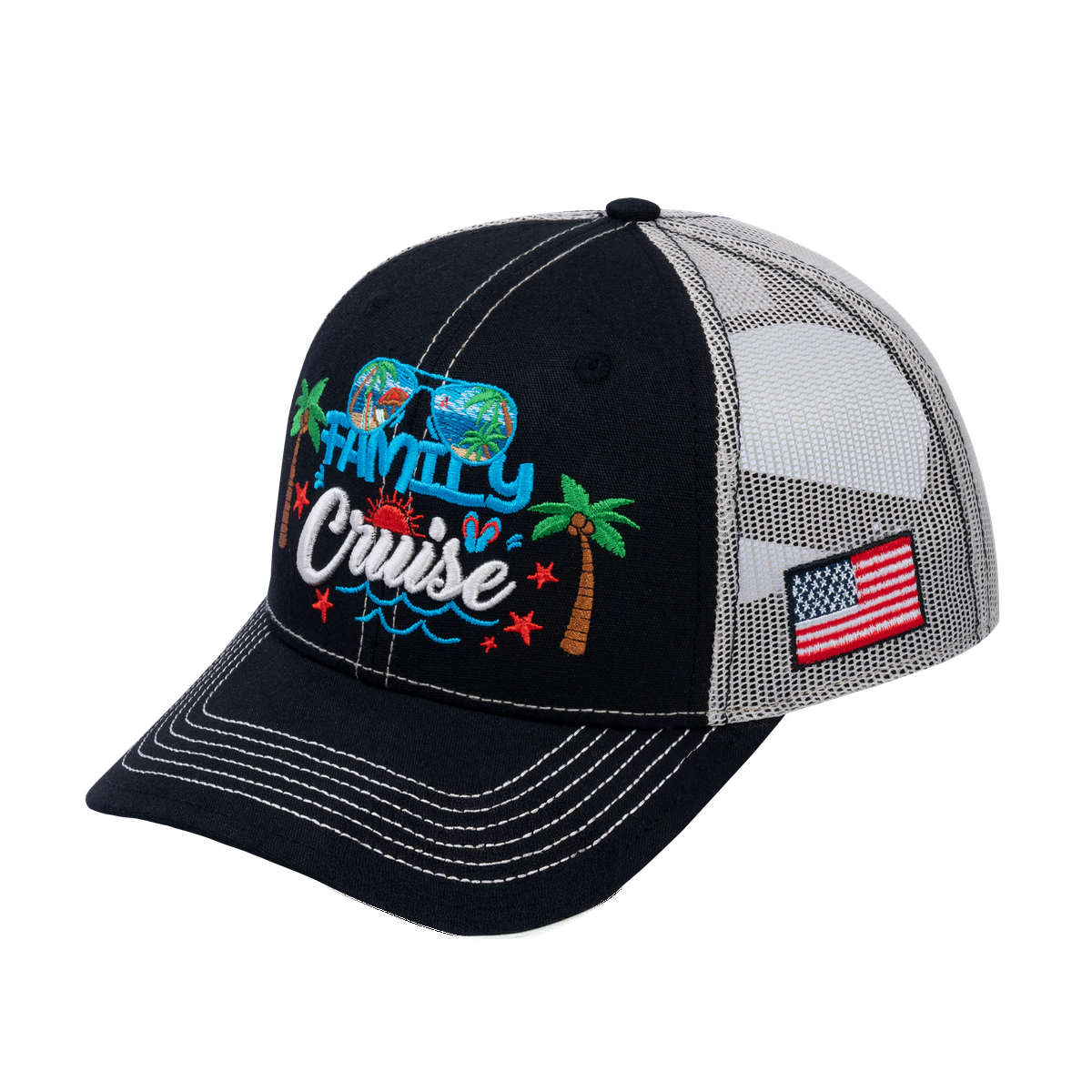 Family Cruise, Traveling 6-Panel Trucker Hat with Black front and Beige back