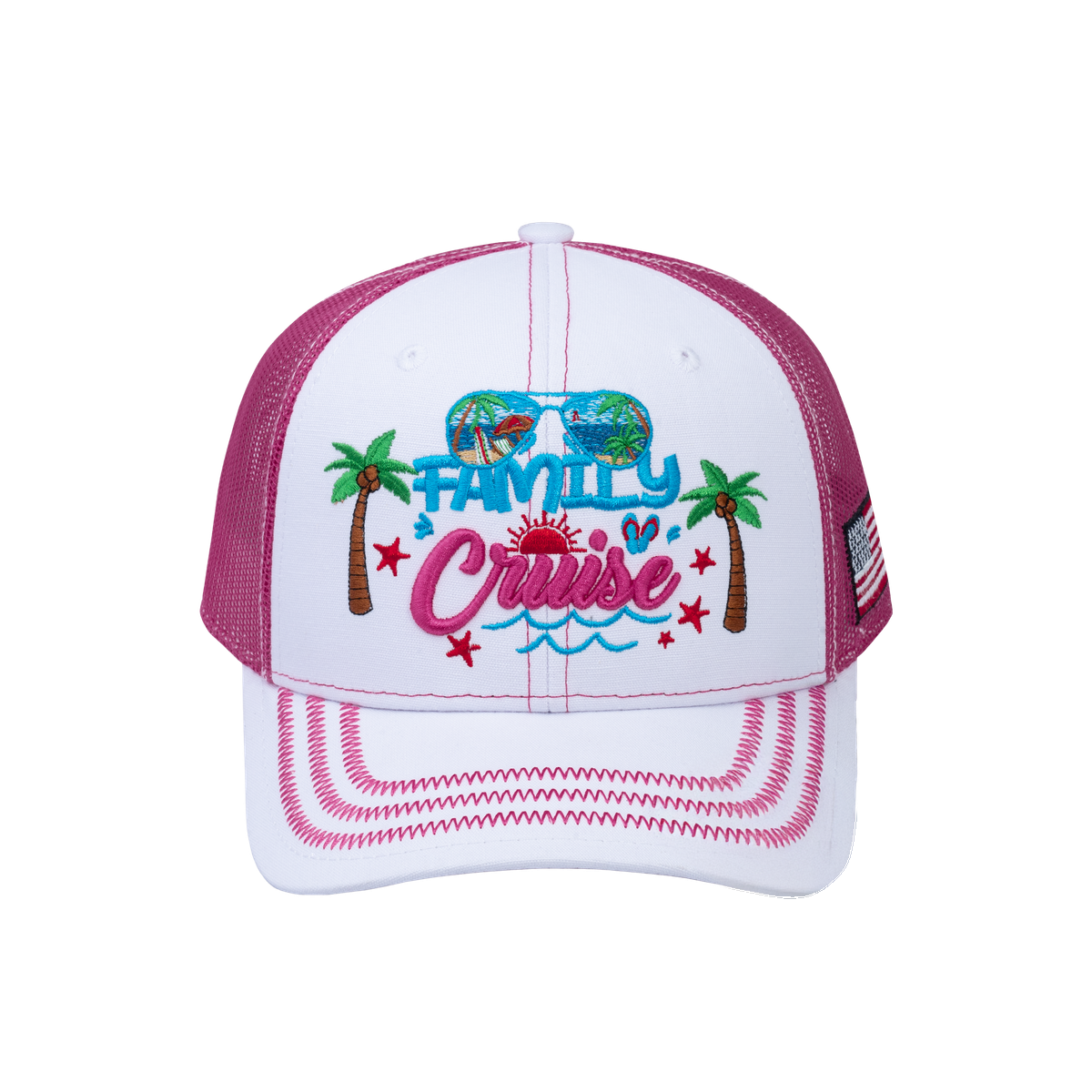 Family Cruise, Traveling 6-Panel Trucker Hat with White front and Pink back