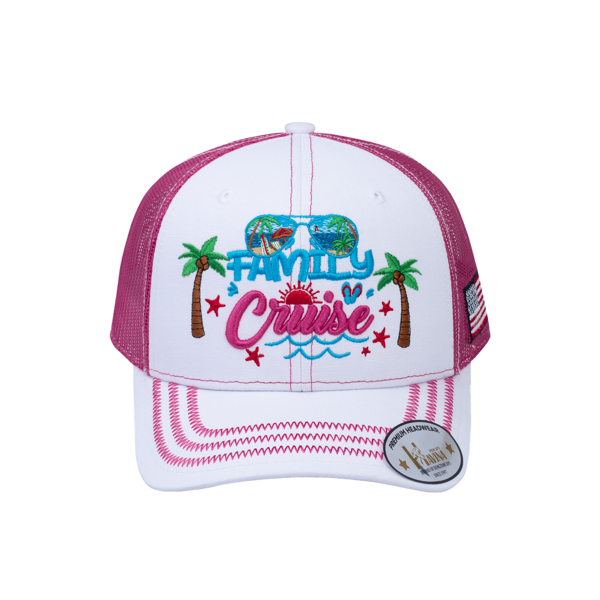 Family Cruise, Traveling 6-Panel Trucker Hat with White front and Pink back