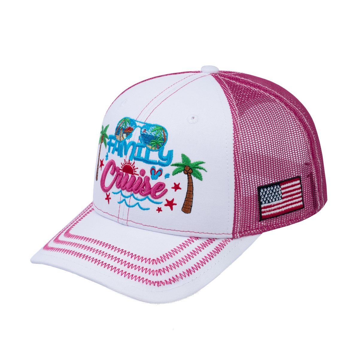 Family Cruise, Traveling 6-Panel Trucker Hat with White front and Pink back