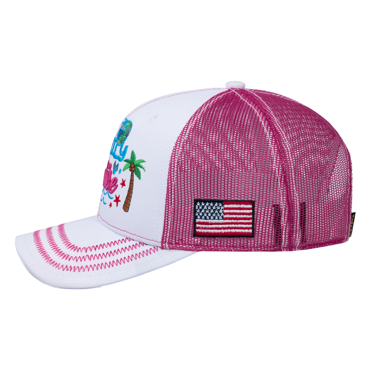 Family Cruise, Traveling 6-Panel Trucker Hat with White front and Pink back