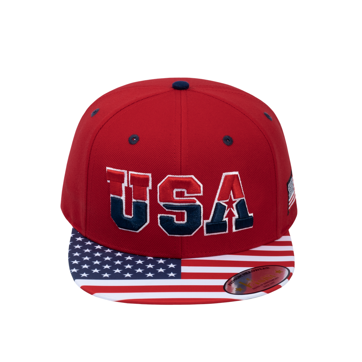 Classic US American Flag 6-Panel Snapback Flat Bill Baseball Cap with Red front and Red back