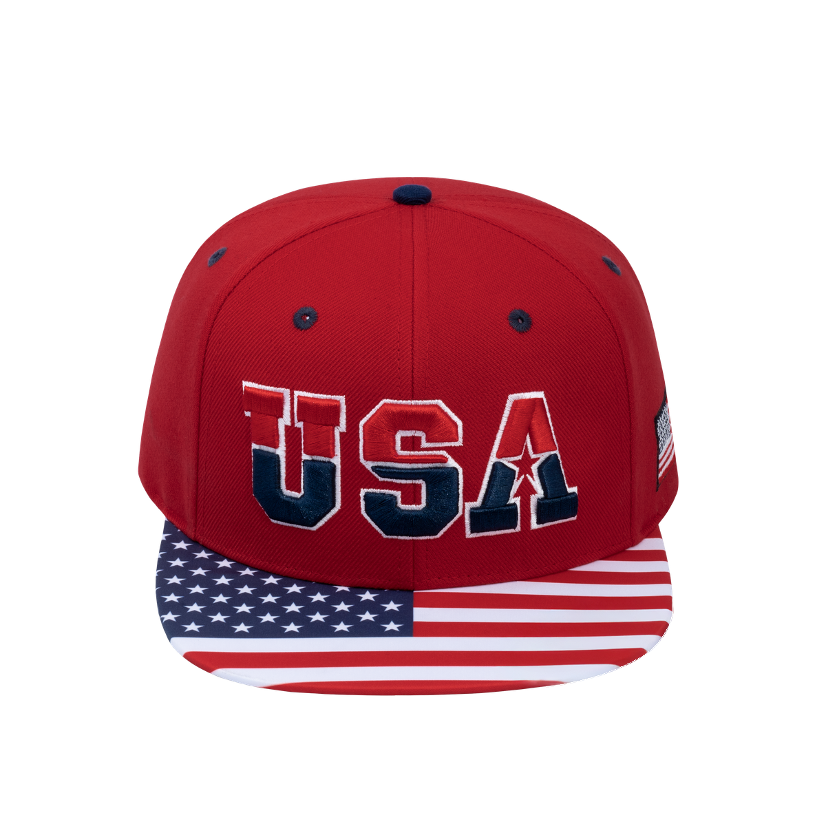 Classic US American Flag 6-Panel Snapback Flat Bill Baseball Cap with Red front and Red back