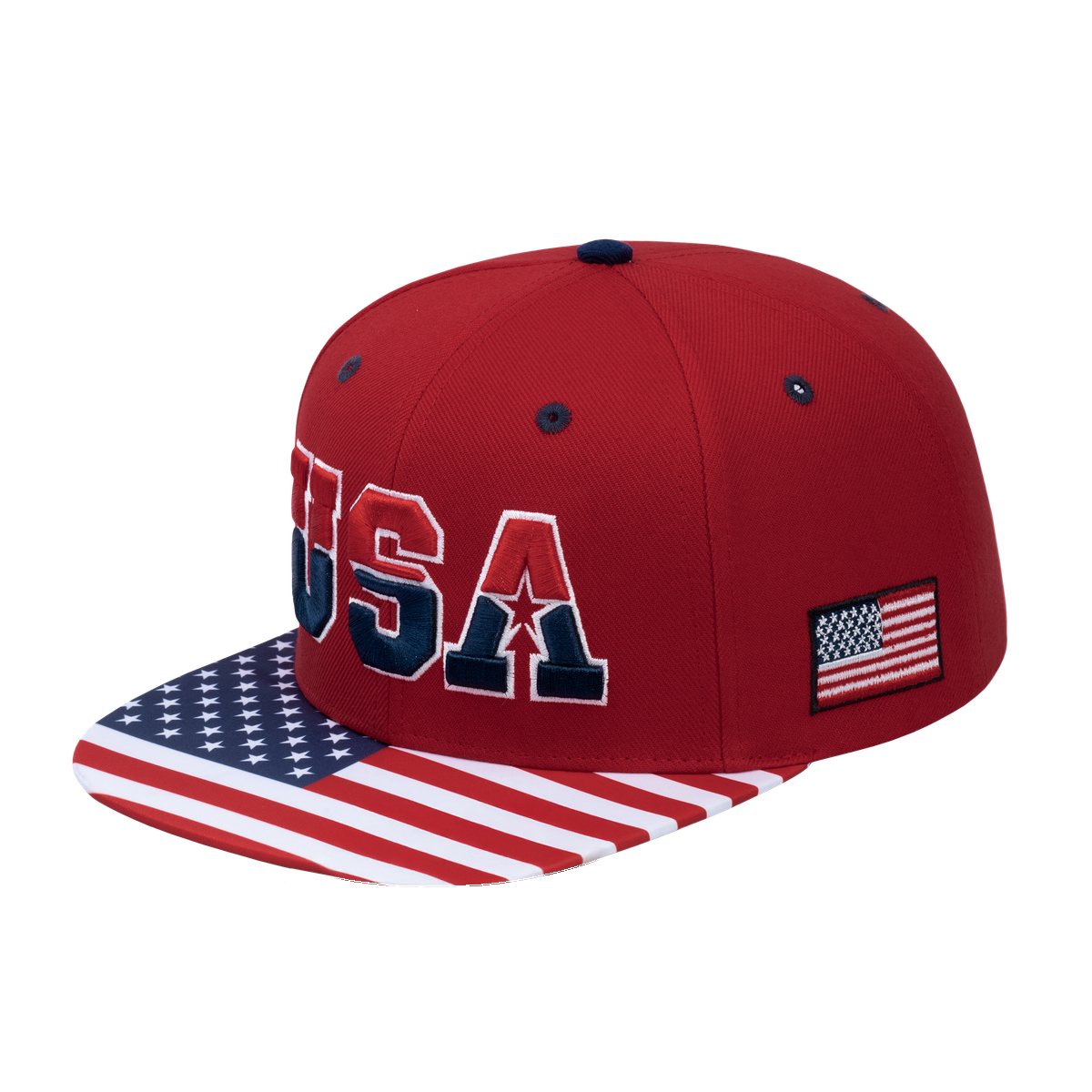 Classic US American Flag 6-Panel Snapback Flat Bill Baseball Cap with Red front and Red back