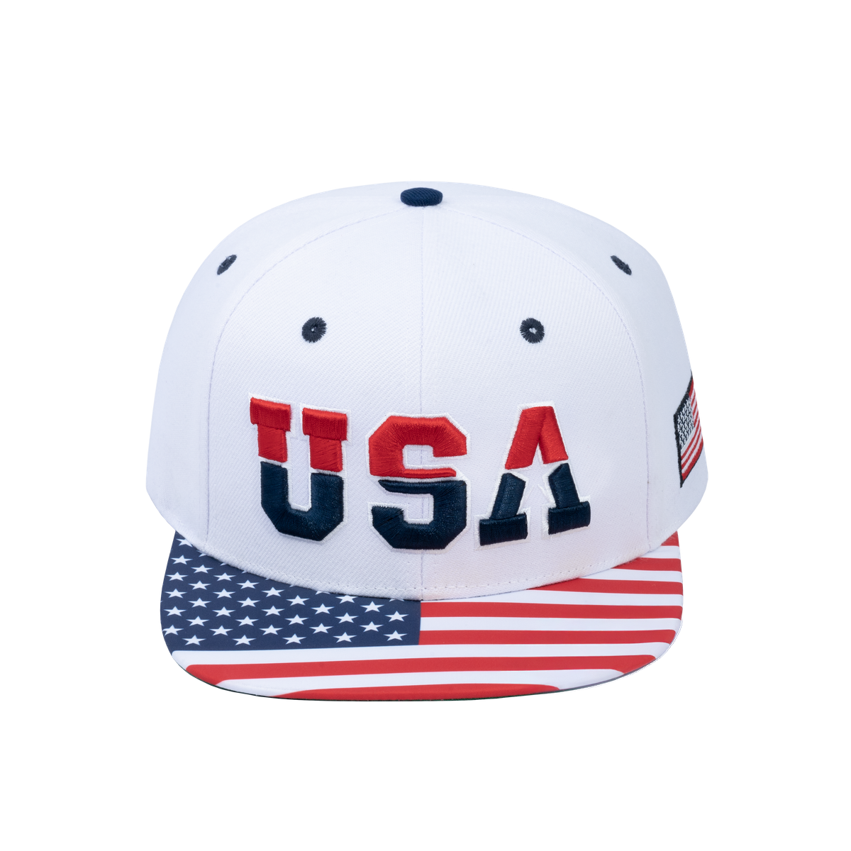 Classic US American Flag 6-Panel Snapback Flat Bill Baseball Cap with White front and White back