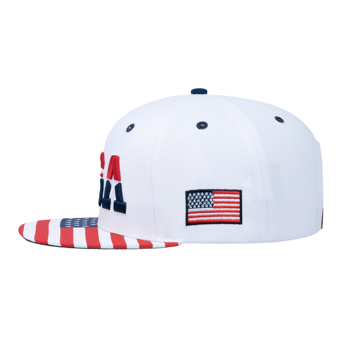 Classic US American Flag 6-Panel Snapback Flat Bill Baseball Cap with White front and White back