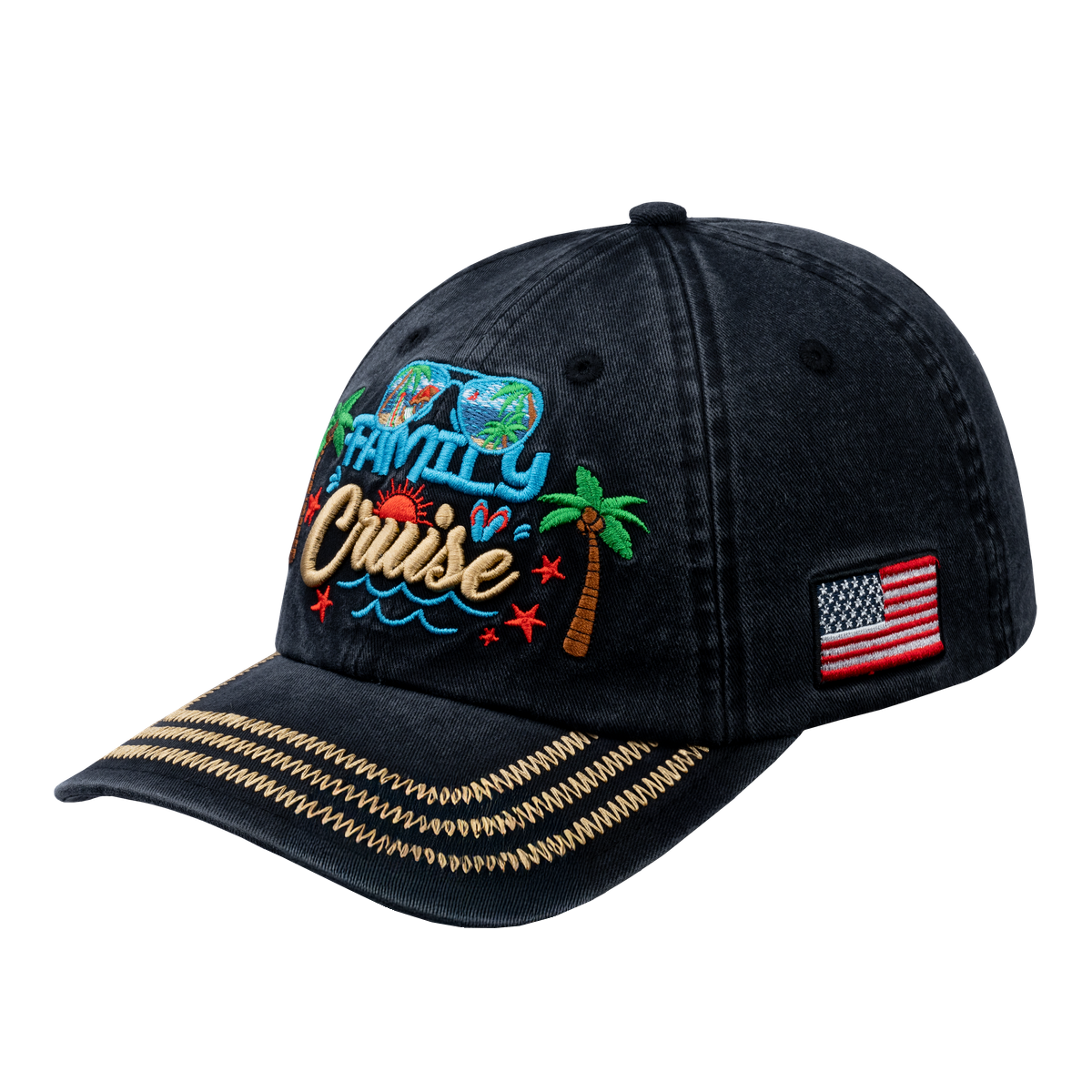 Family Cruise, Traveling 6-Panel Baseball Cap with Black front and Black back