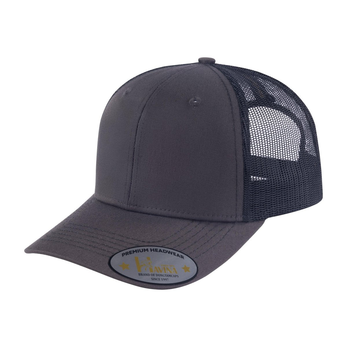 Blank 6-Panel Trucker Hat with Dark Grey front and Black back