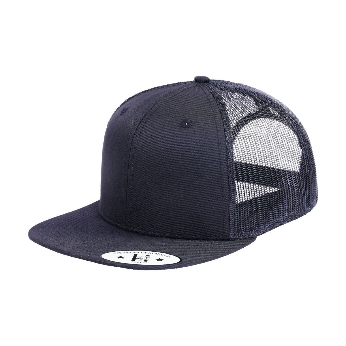 Blank 6-Panel Snapback Flat Bill Trucker Hat with Black front and Black back
