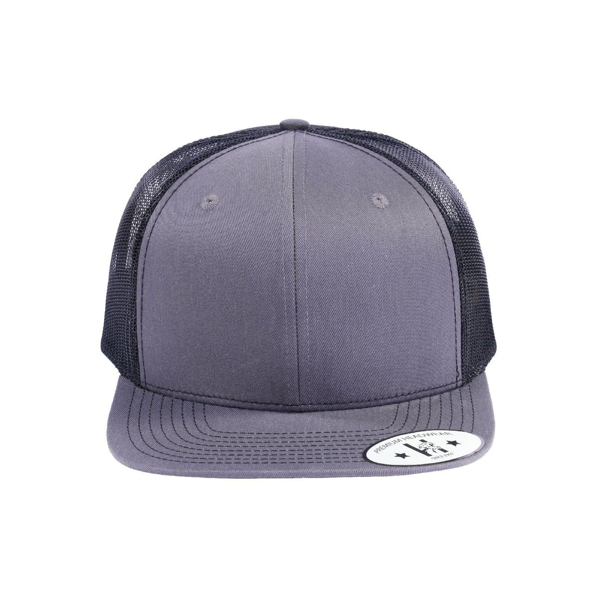Blank 6-Panel Snapback Flat Bill Trucker Hat with Dark Grey front and Black back