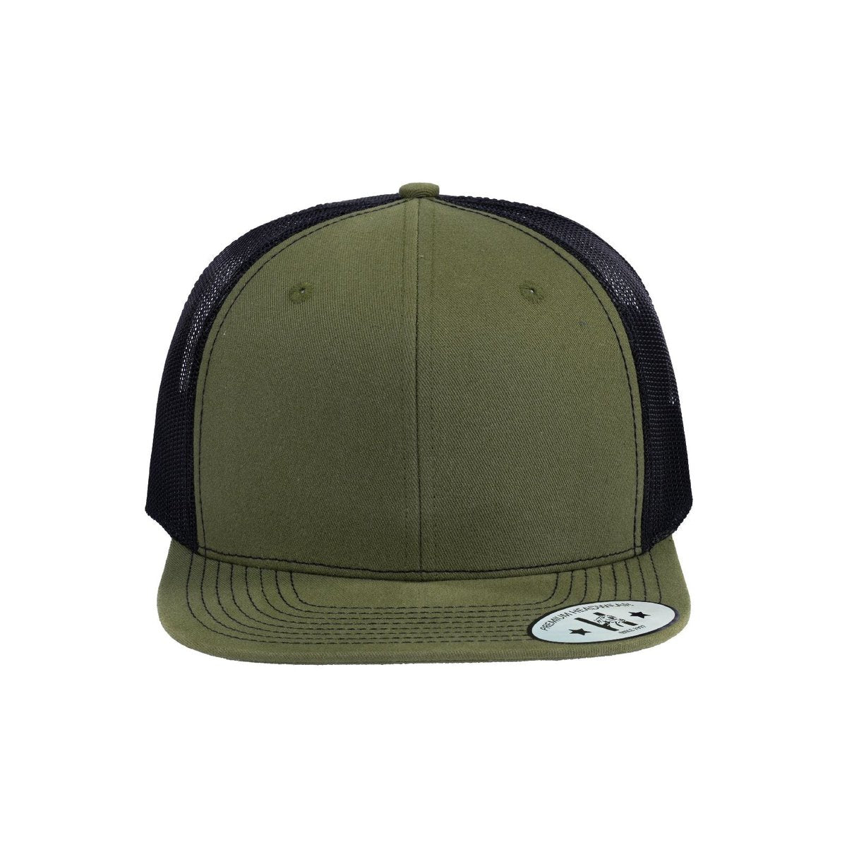 Blank 6-Panel Snapback Flat Bill Trucker Hat with Olive front and Black back