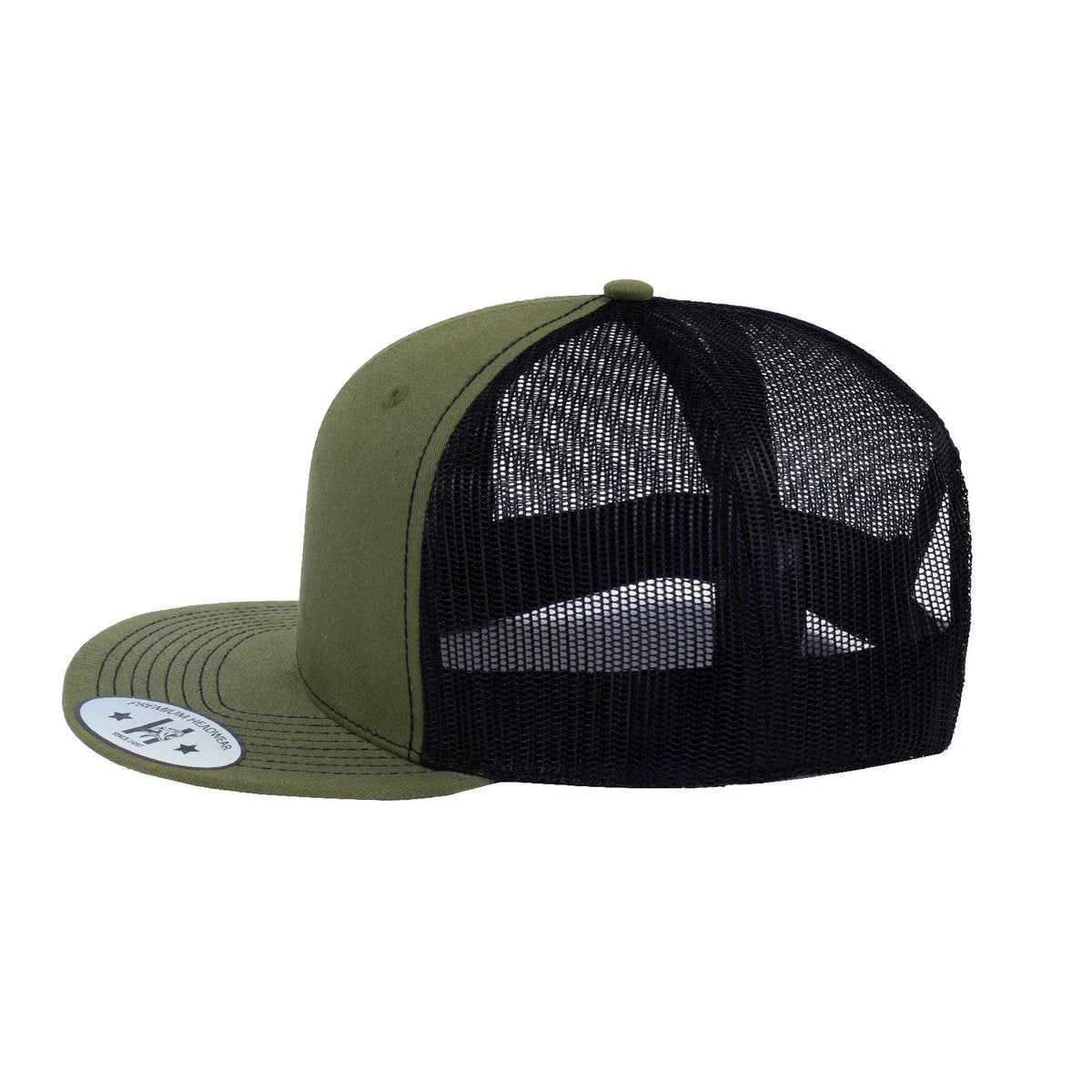 Blank 6-Panel Snapback Flat Bill Trucker Hat with Olive front and Black back