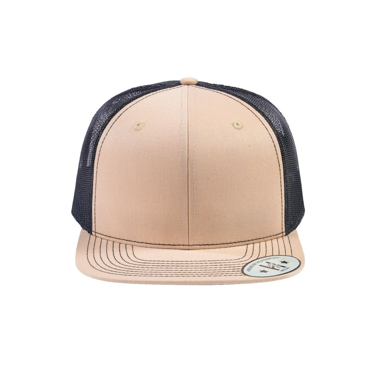 Blank 6-Panel Snapback Flat Bill Trucker Hat with Beige front and Black back