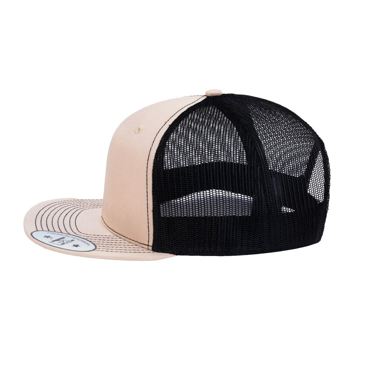 Blank 6-Panel Snapback Flat Bill Trucker Hat with Beige front and Black back