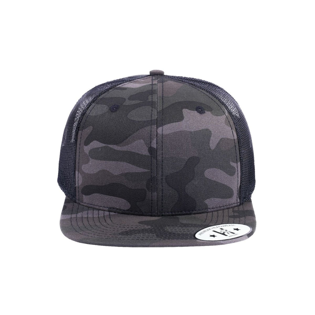 Blank 6-Panel Snapback Flat Bill Trucker Hat with Grey Camo front and Black back