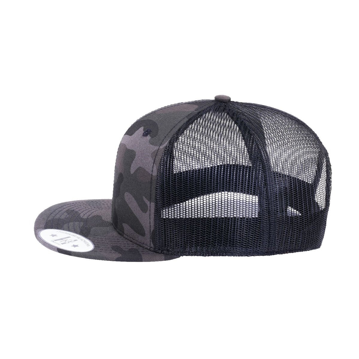 Blank 6-Panel Snapback Flat Bill Trucker Hat with Grey Camo front and Black back