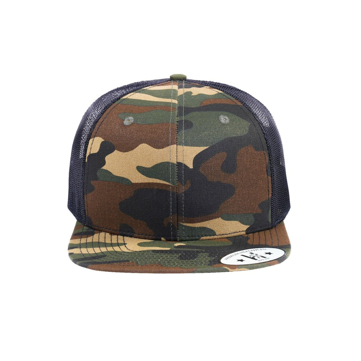Blank 6-Panel Snapback Flat Bill Trucker Hat with Army Green Camo front and Black back