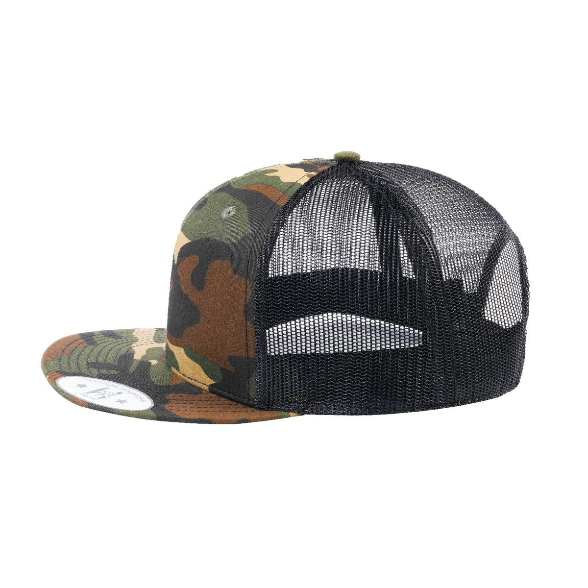 Blank 6-Panel Snapback Flat Bill Trucker Hat with Army Green Camo front and Black back