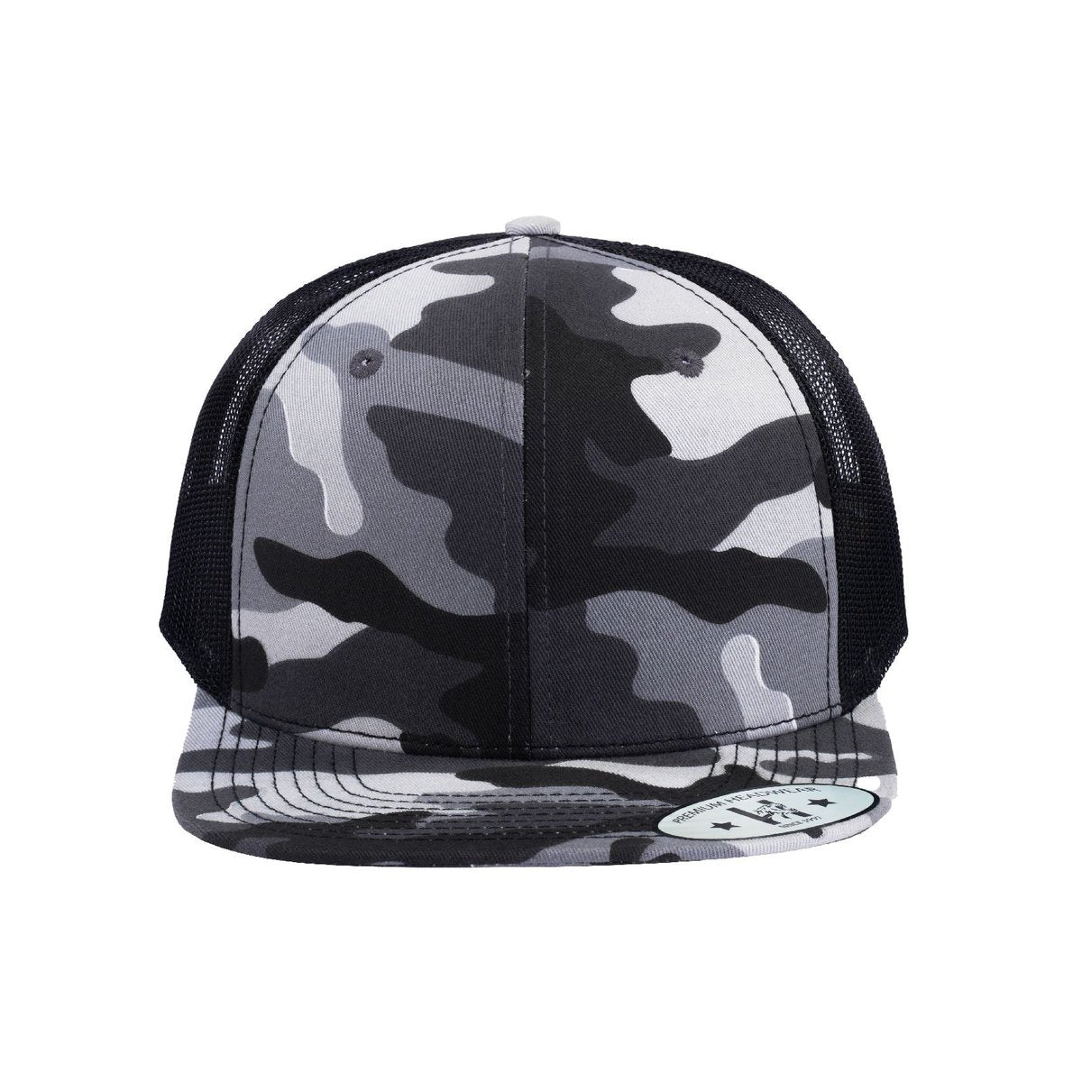 Blank 6-Panel Snapback Flat Bill Trucker Hat with Black Camo front and Black back