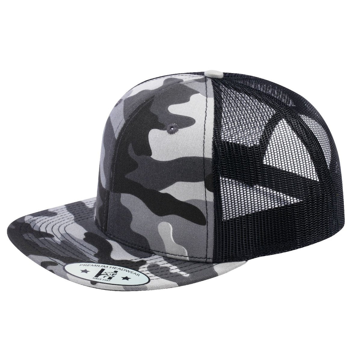 Blank 6-Panel Snapback Flat Bill Trucker Hat with Black Camo front and Black back